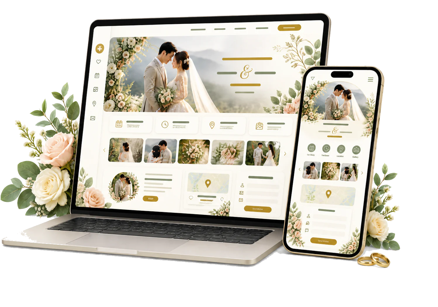 Pratinjau website undangan pernikahan digital pada laptop dan ponsel