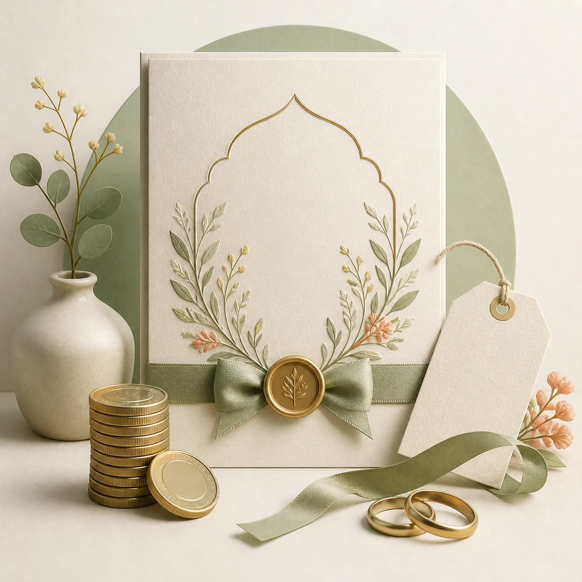 Ilustrasi undangan pernikahan elegan dengan koin dan cincin emas