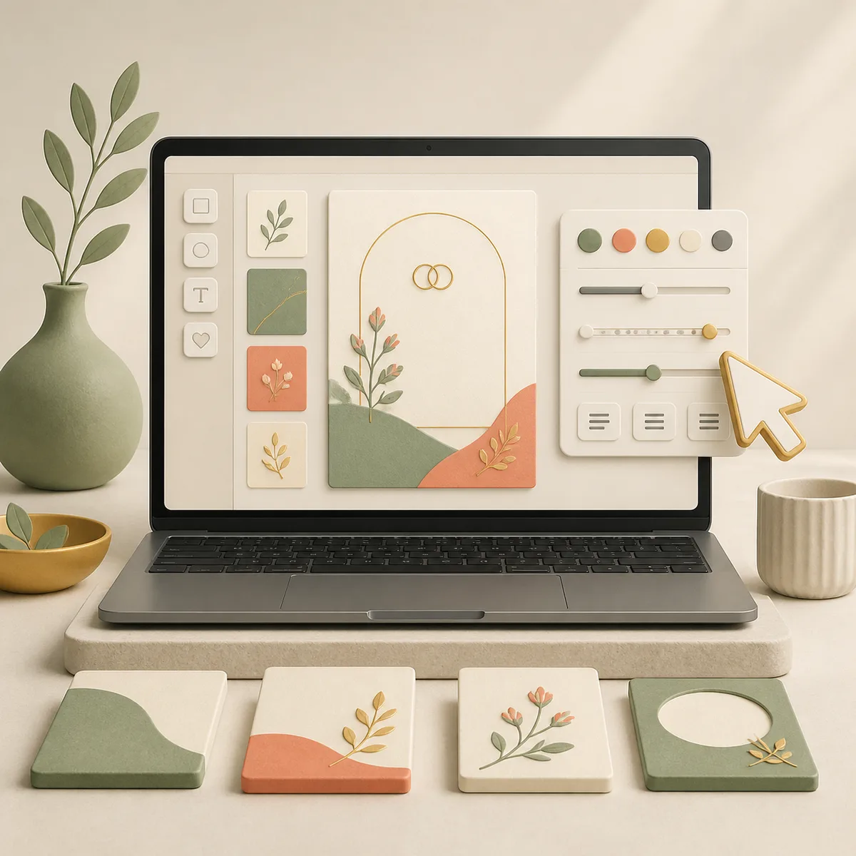 Ilustrasi laptop dengan editor visual undangan pernikahan yang mudah digunakan